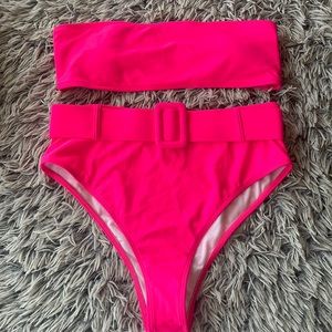 2 piece high waist Neon Pink Bathing Suit Size Large